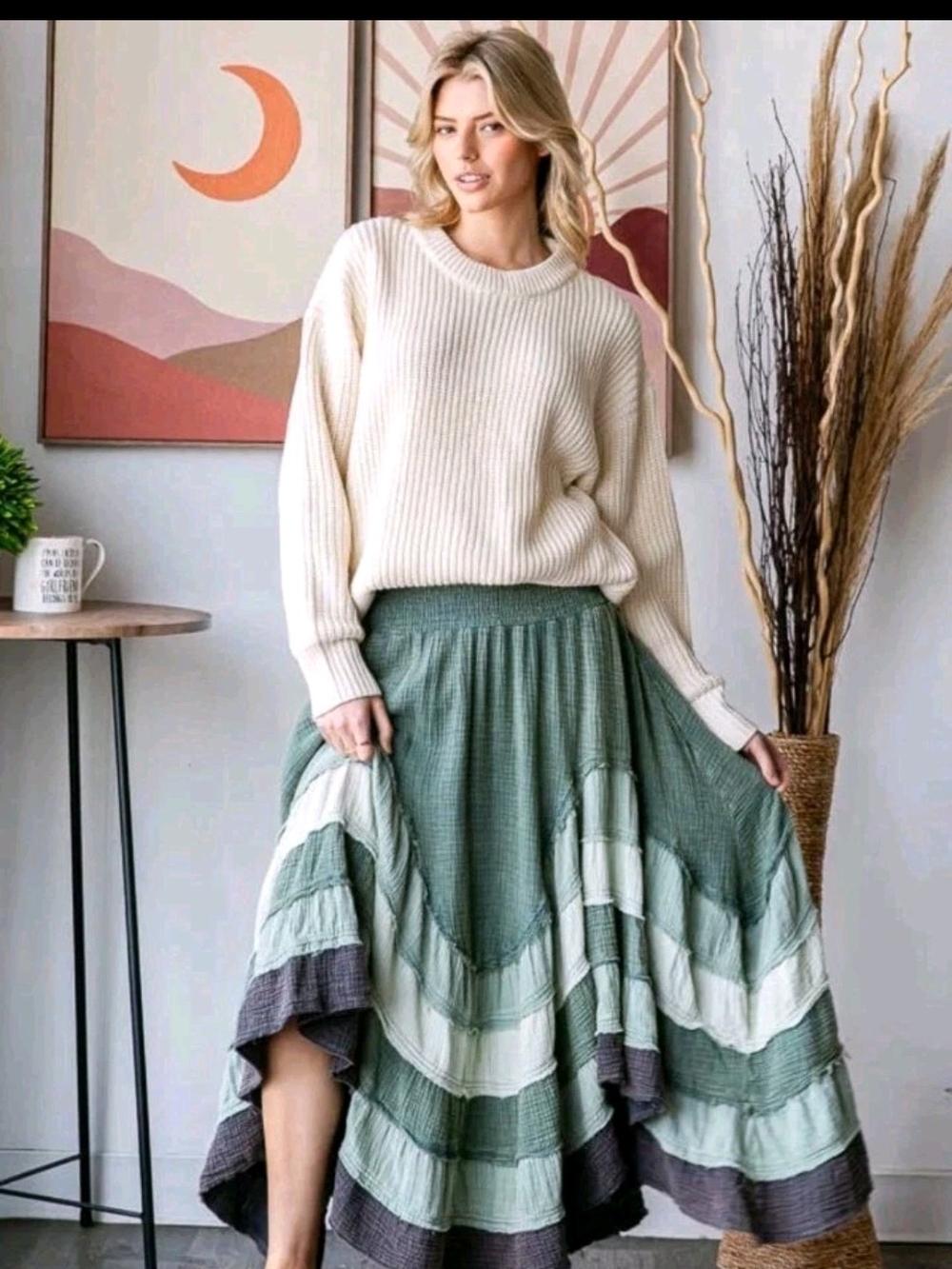 Oli & Hali Sage and Cream Asymmetrical Tiered Maxi Skirt